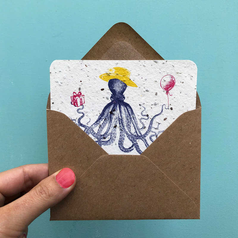 Bee Happy Flower card: Tentacle Terrence notecard (A7) | design & photography by House of Thol